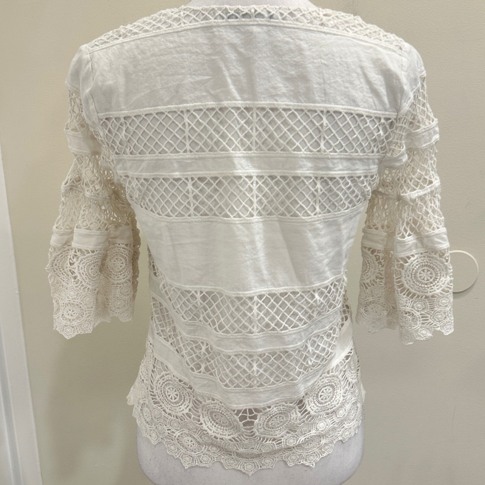 Alexis White Lace Netted Bell Sleeve V-Neck Top XS Boho Crochet Cottage Fairy - Picture 2 of 9